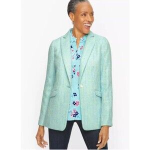 Talbots Blazer Jacket Women's 10P Aqua Blue Tweed Lined One Button Office Career